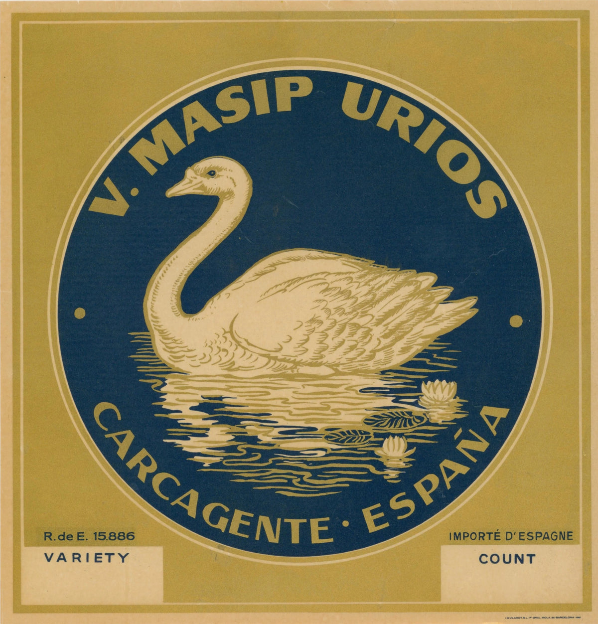 V. Masip Urios Oranges, Spanish Crate Label - Original Vintage Product Label: