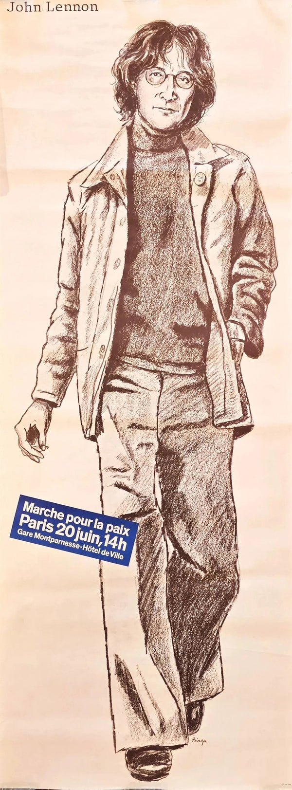 Vintage Poster of John Lennon by Sergio Birga Created for Peace March in Paris - Original Vintage Poster