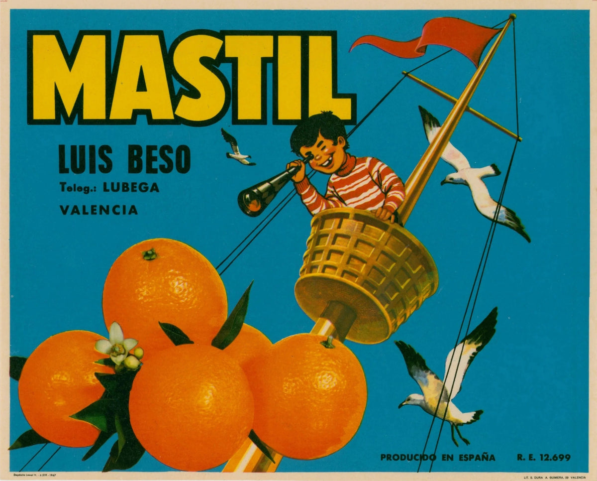 Mastil Oranges, Spanish Crate Label - Original Vintage Product Label:
