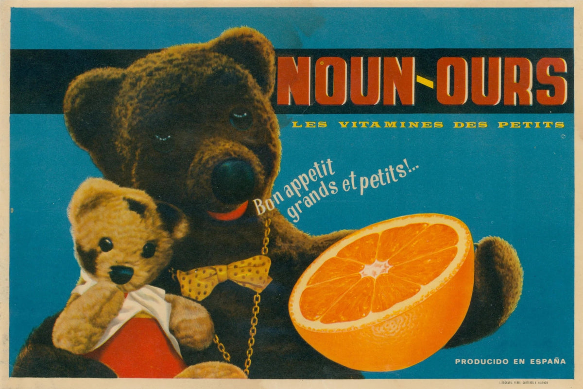 Noun-Ours Oranges, Spanish Crate Label - Original Vintage Product Label: