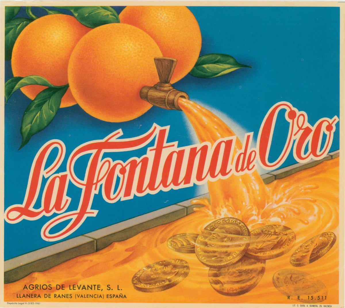 La Fontana de Oro Oranges, Spanish Crate Label - Original Vintage Product Label: