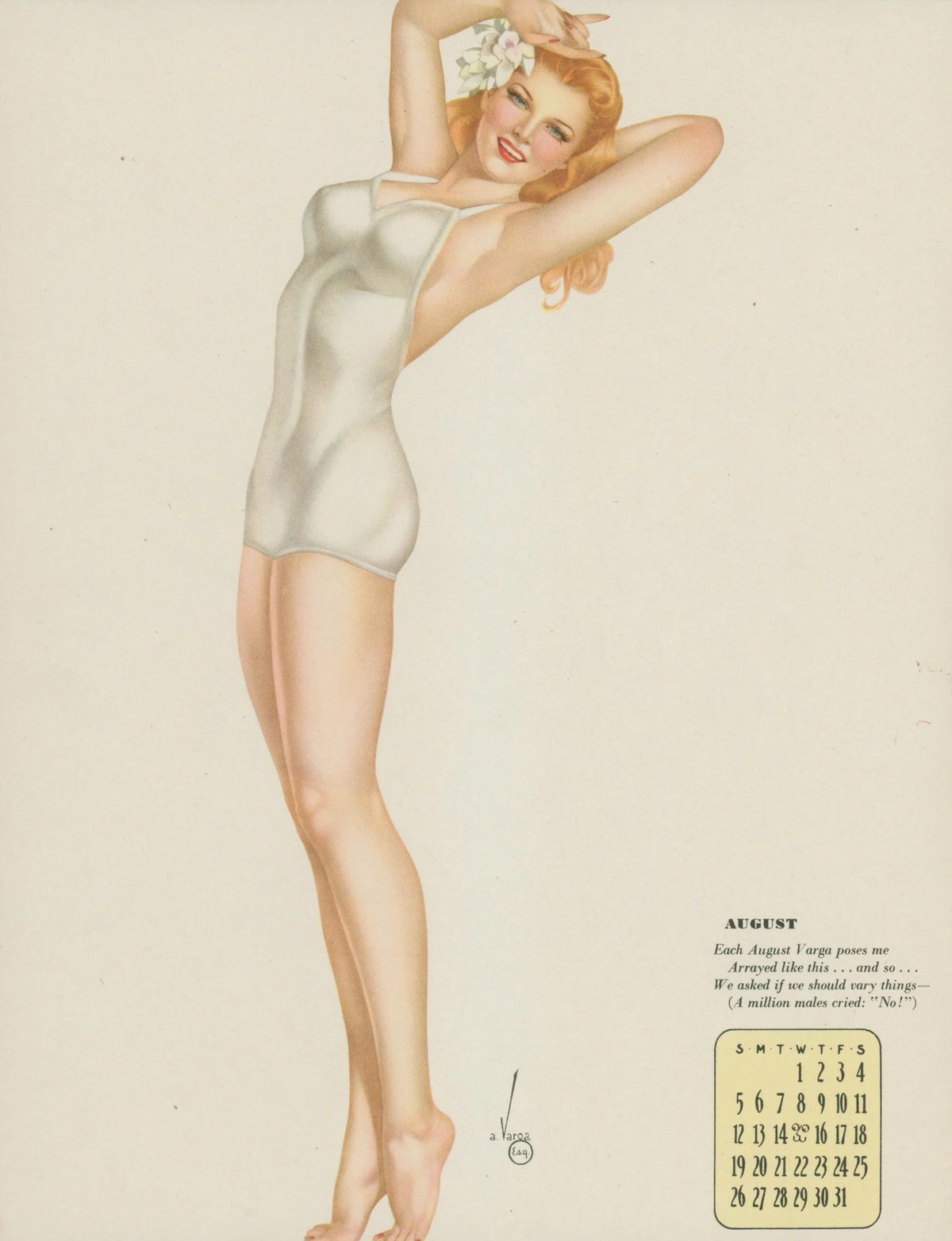August, Esquire Calendar by Varga - Original Vintage Illustration