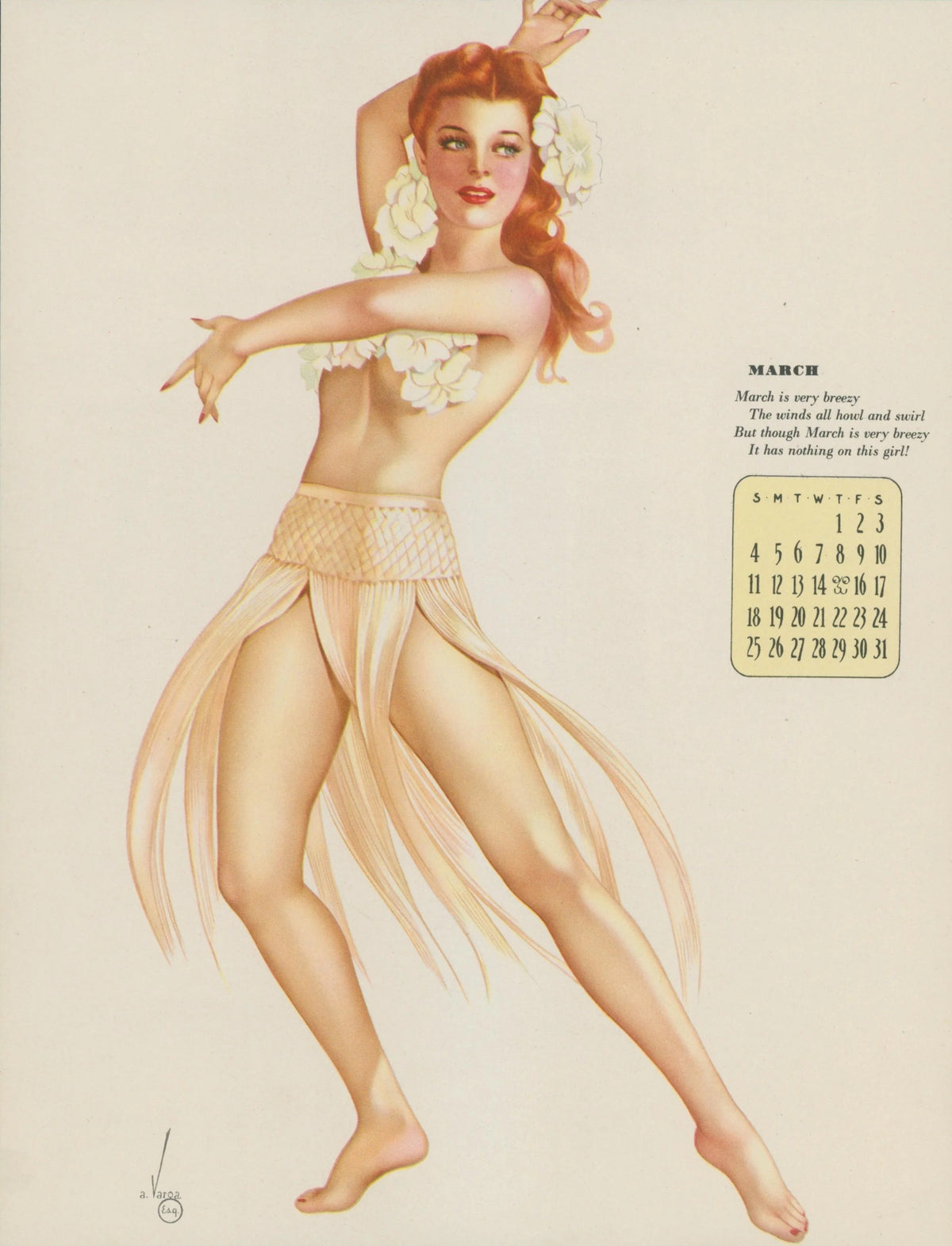 March, Esquire Calendar by Varga - Original Vintage Illustration