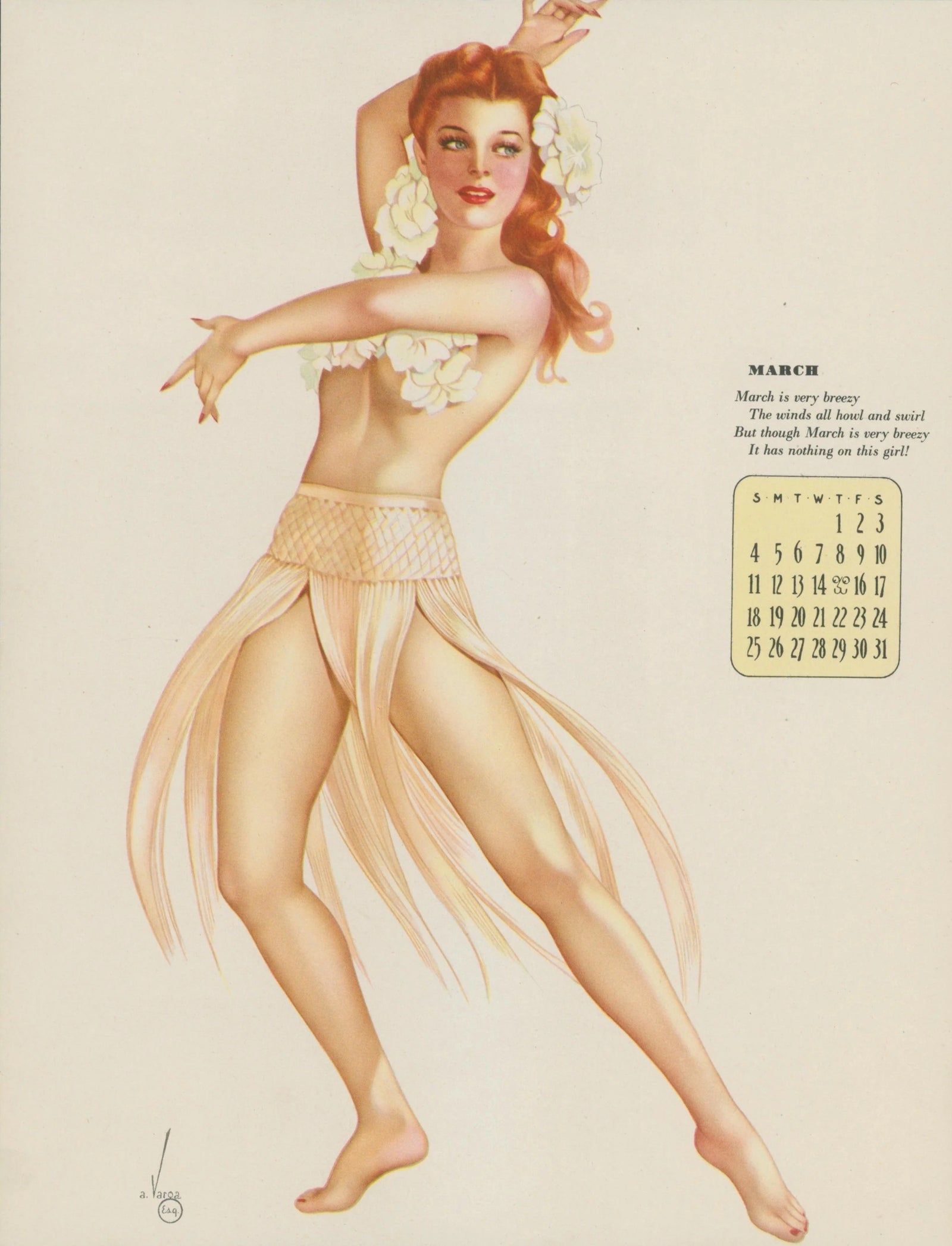March, Esquire Calendar by Varga - Original Vintage Illustration