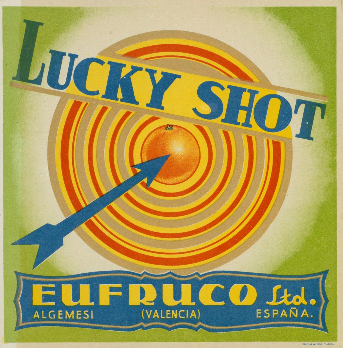 Lucky Shot Oranges, Spanish Crate Label - Original Vintage Product Label: