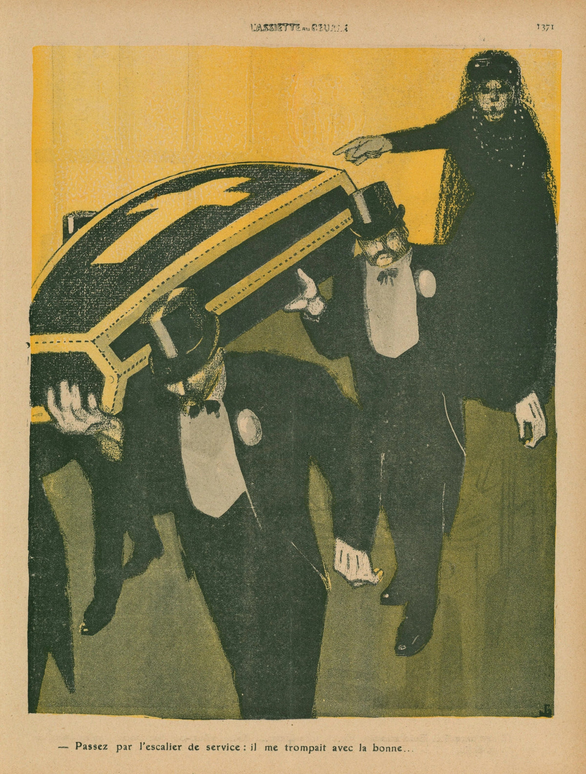 Use the Service Stairs, He Was Cheating on Me- L'Assiette au Beurre - Original Vintage Illustration