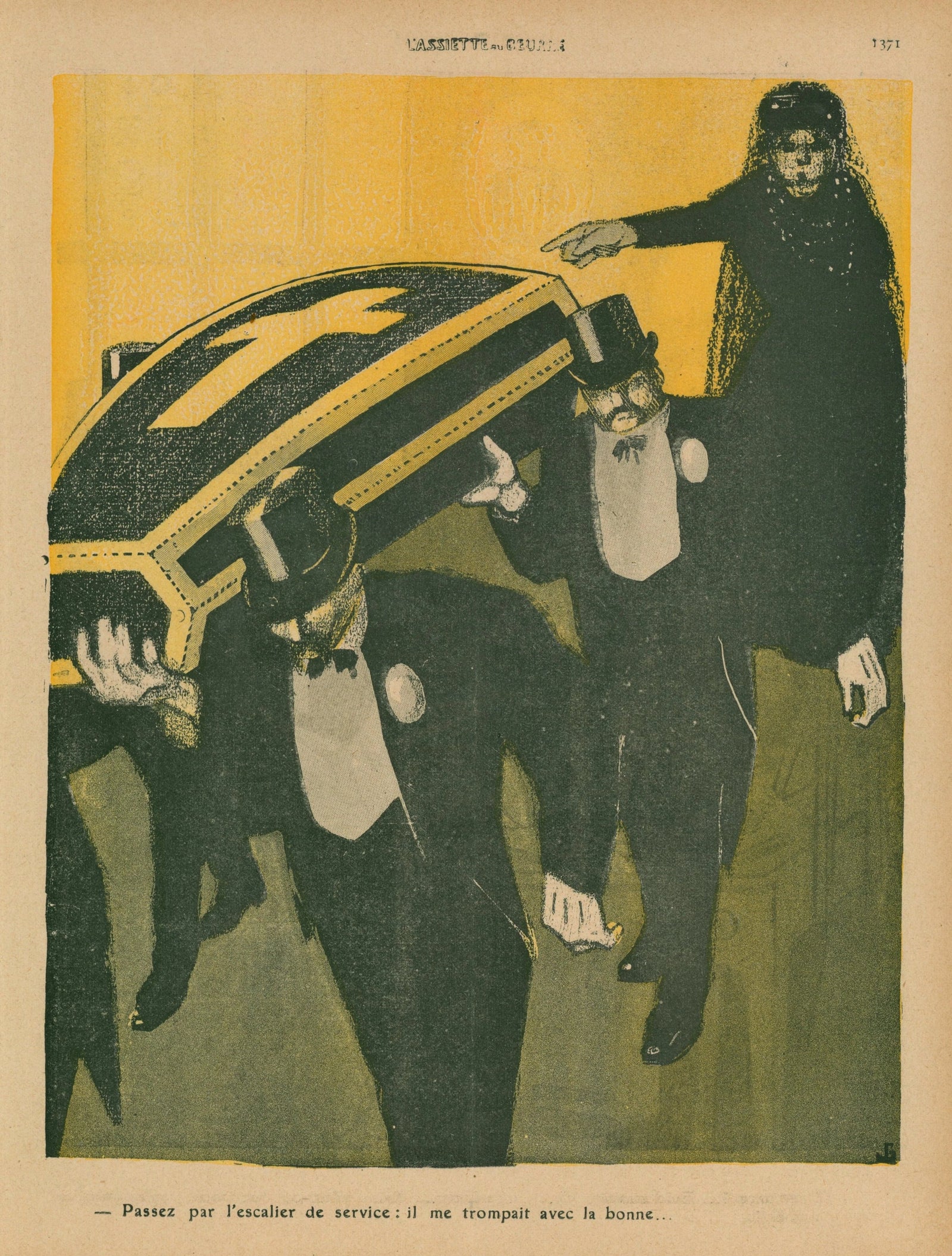 Use the Service Stairs, He Was Cheating on Me- L'Assiette au Beurre - Original Vintage Illustration