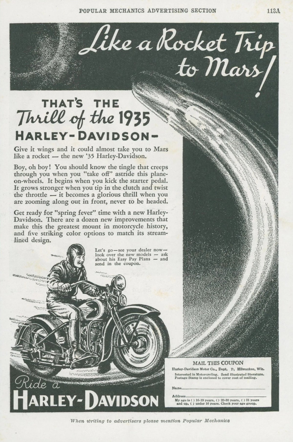 Like a Rocket Ship to Mars, Harley Davidson Ad - Original Vintage Ad: