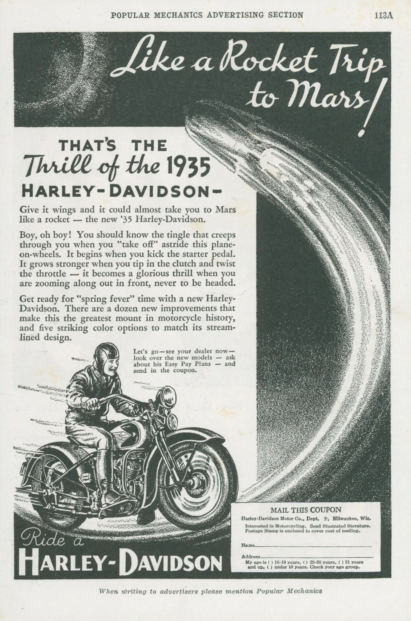 Like a Rocket Ship to Mars, Harley Davidson Ad - Original Vintage Ad: