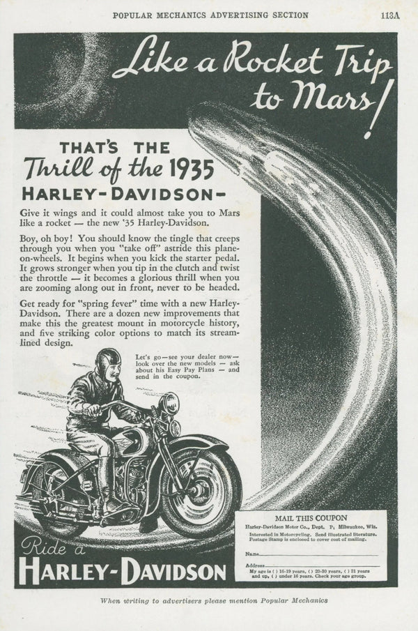 Like a Rocket Ship to Mars, Harley Davidson Ad - Original Vintage Ad: