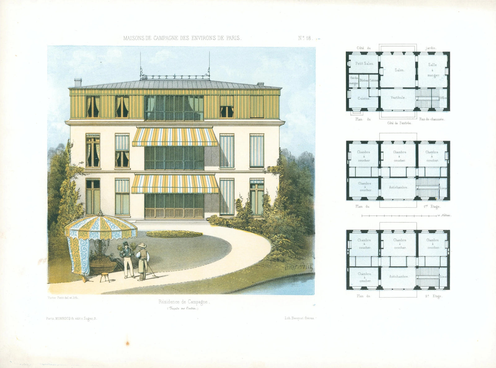 Maisons de Campagne, Architectural Plan NO.18 - Original Antique Print: