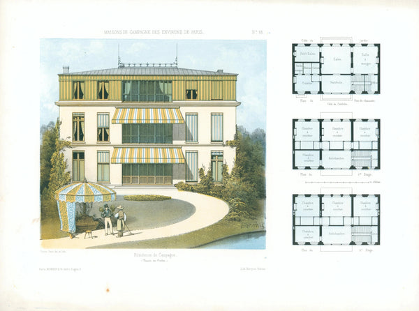 Maisons de Campagne, Architectural Plan NO.18 - Original Antique Print:
