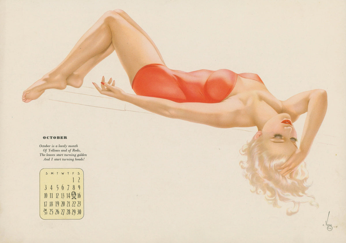 October, Esquire Calendar - Original Antique Print: