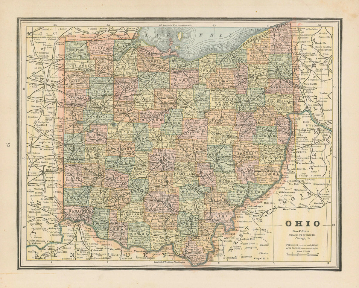 Ohio, Cram's Atlas - Original Vintage Map
