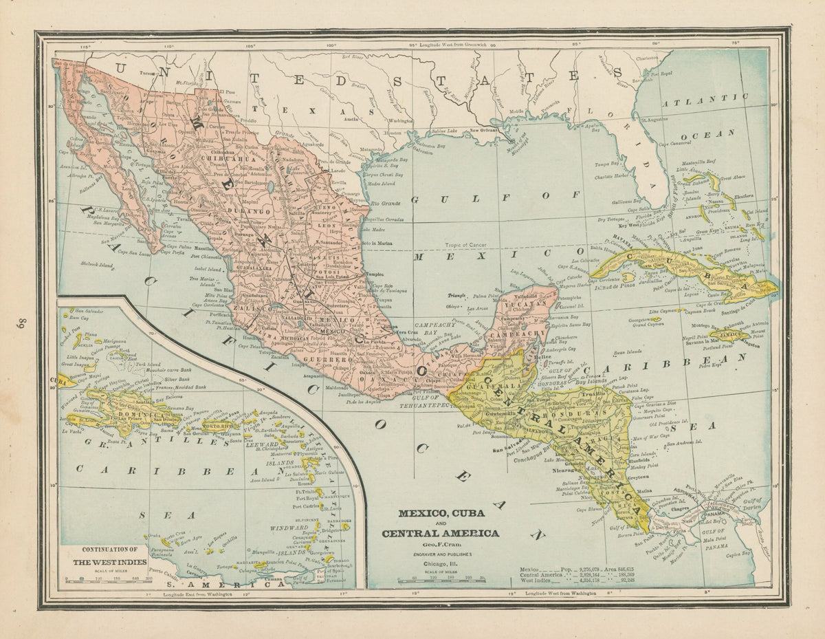 Mexico, Cuba, and Central America. Cram's Atlas - Original Vintage Map