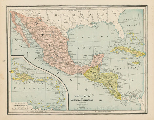 Mexico, Cuba, and Central America. Cram's Atlas - Original Vintage Map