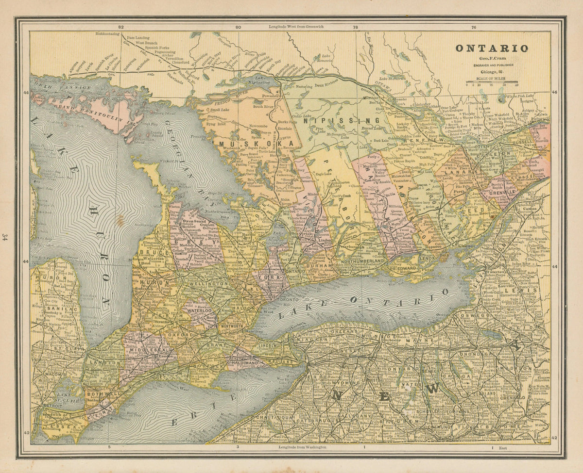 Ontario, Cram's Atlas - Original Vintage Map