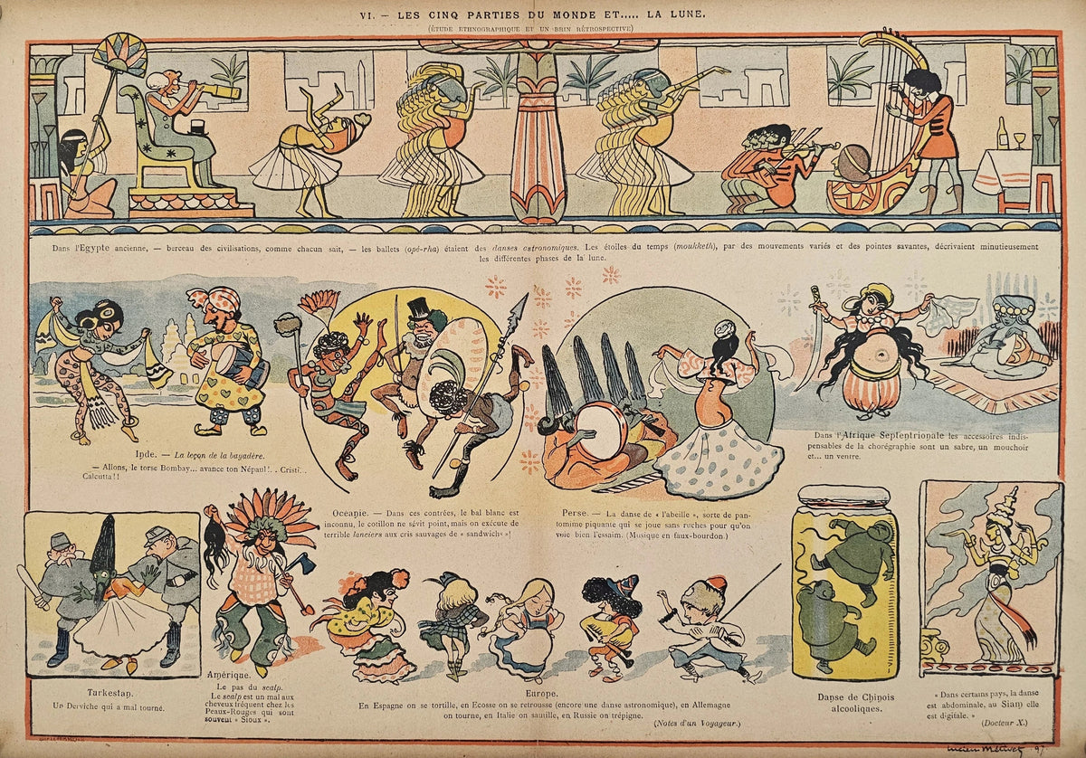 Five Parts of the World & The Moon - Original Vintage Illustration