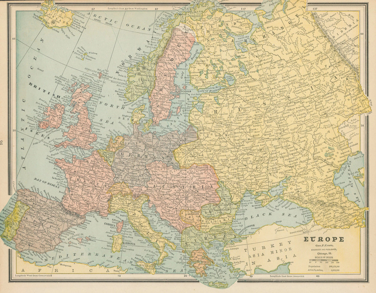 Europe, Cram's Atlas - Original Vintage Map