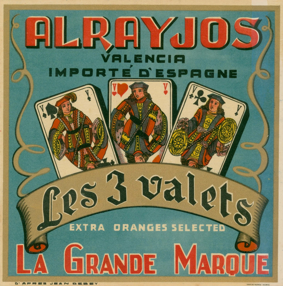 Les 3 Valets Oranges, Spanish Crate Label - Original Vintage Product Label: