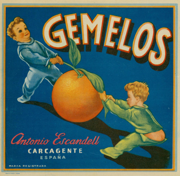 Gemelos Oranges, Spanish Crate Label - Original Vintage Product Label: