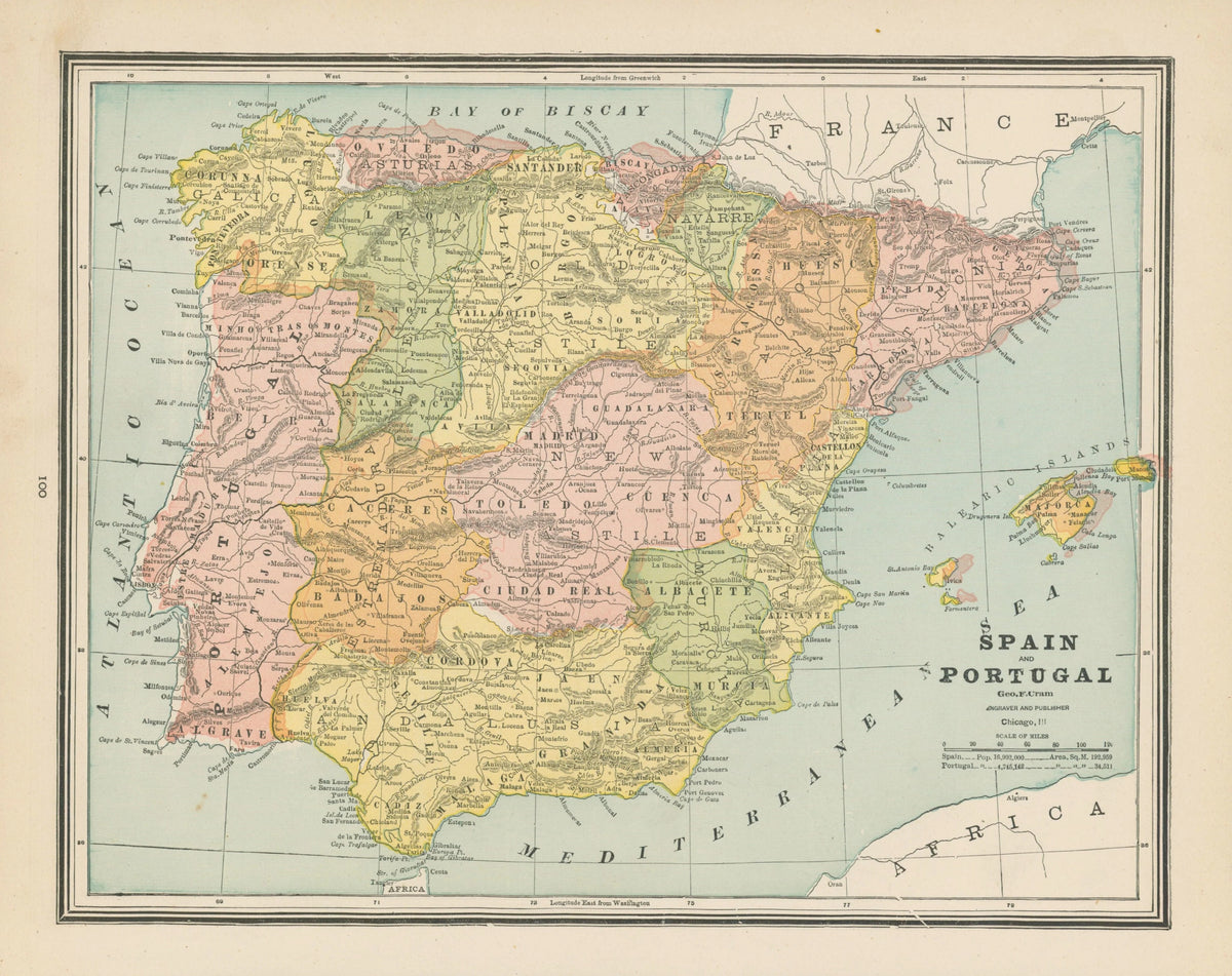 Spain and Portugal, Cram's Atlas - Original Vintage Map