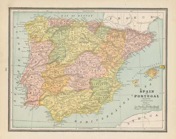 Spain and Portugal, Cram's Atlas - Original Vintage Map