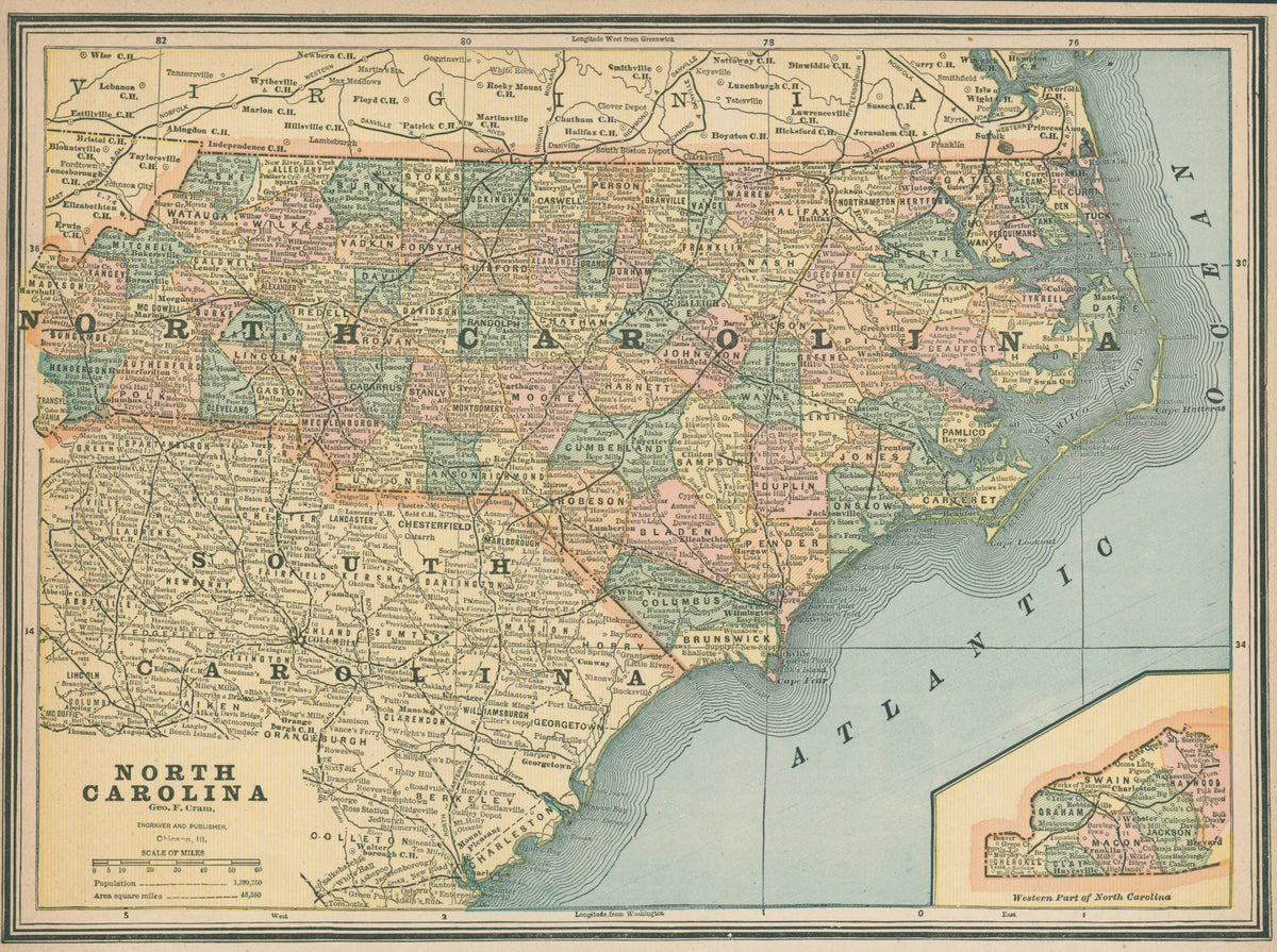 North Carolina, Cram's Atlas - Original Vintage Map