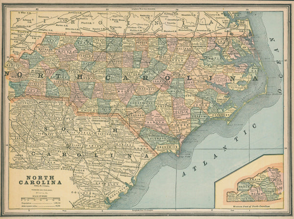 North Carolina, Cram's Atlas - Original Vintage Map