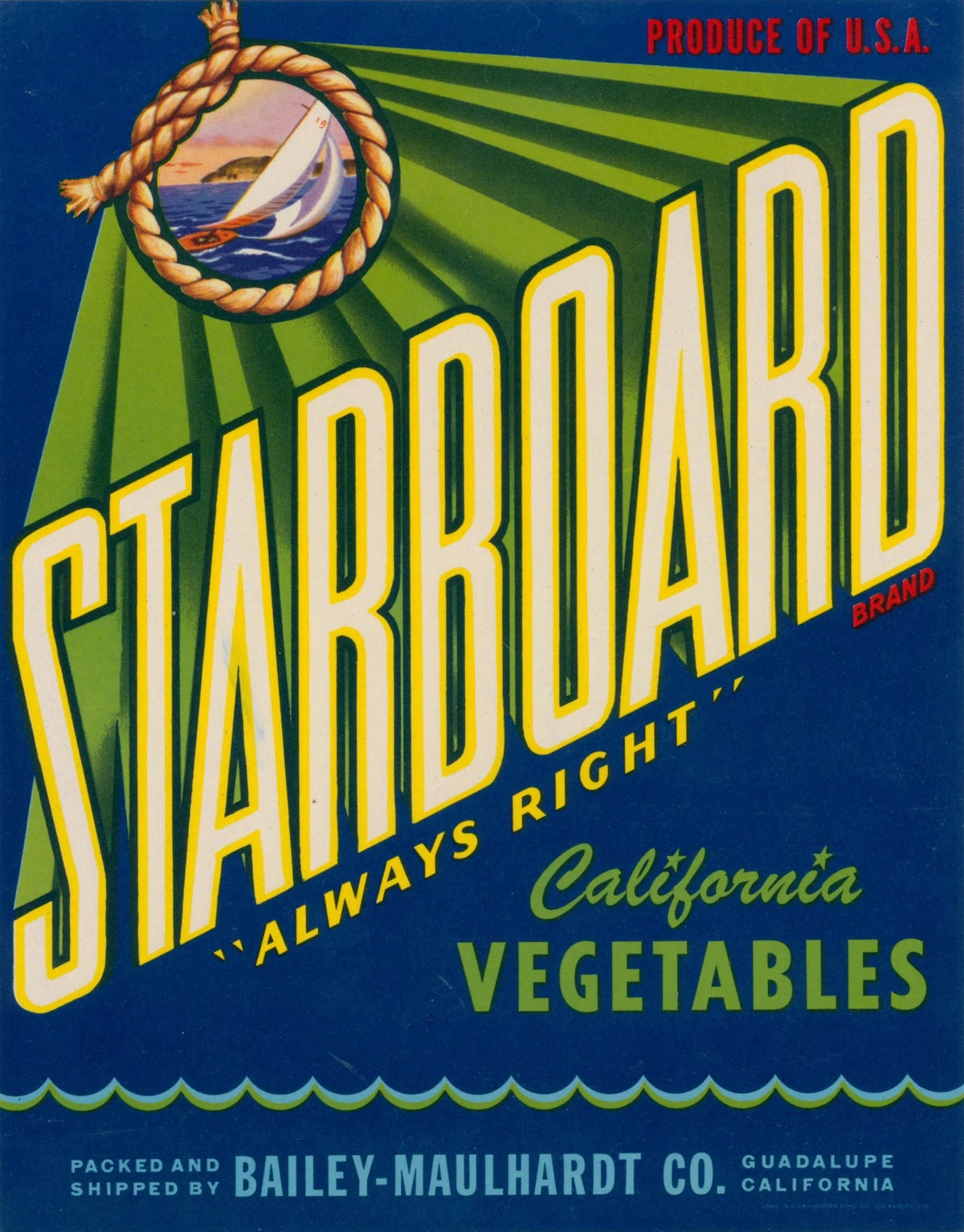 Starboard, California Crate Label - Original Vintage Product Label: