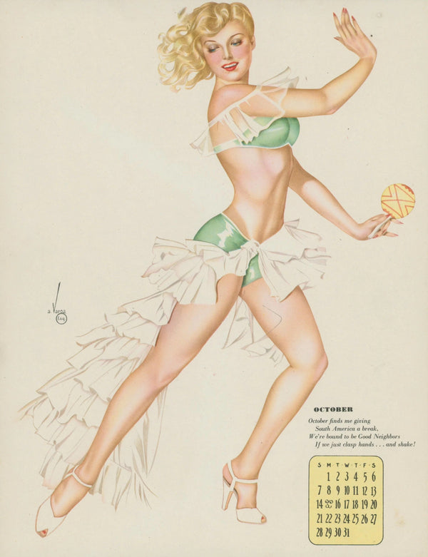 October Esquire Calendar - Original Vintage Illustration