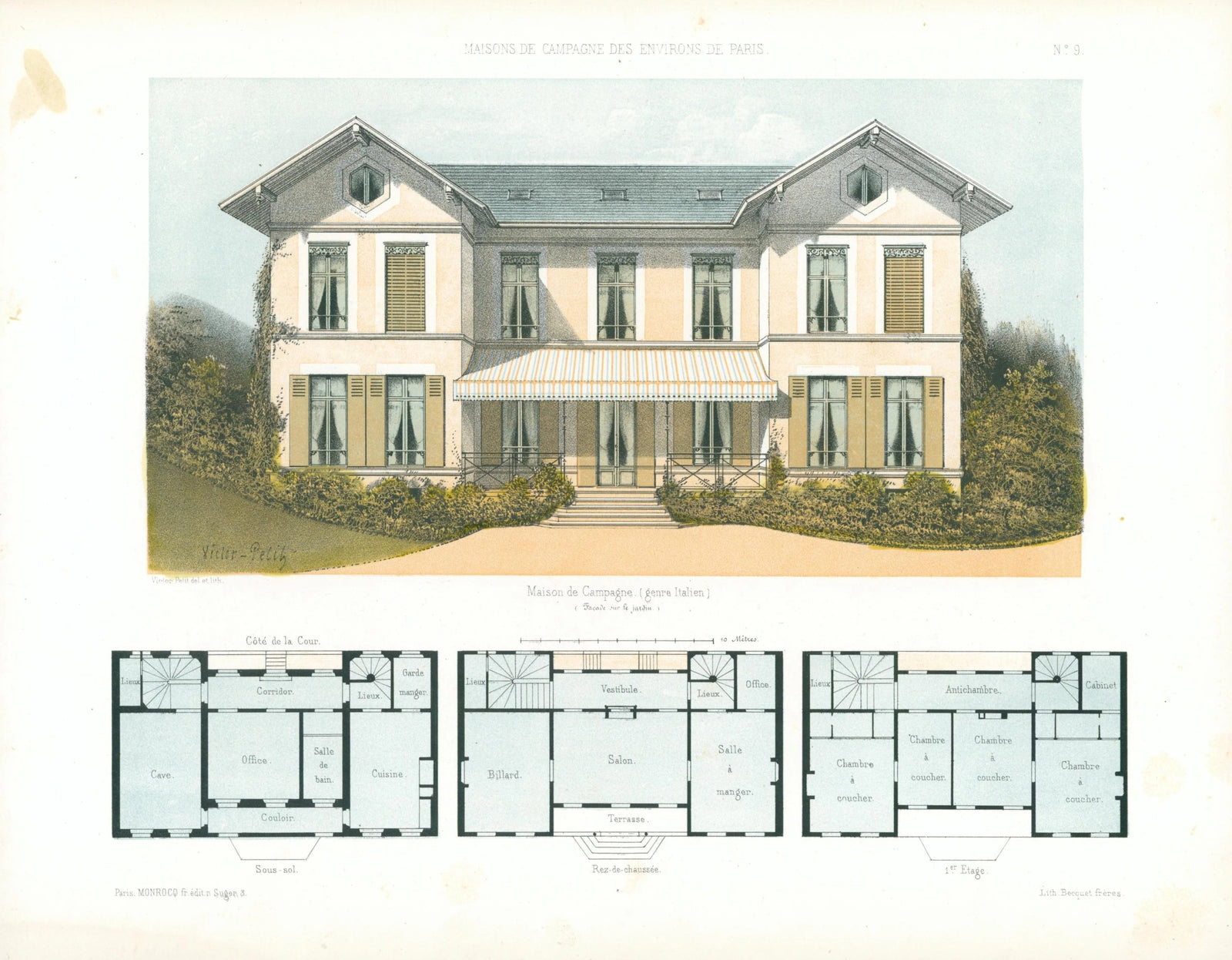 Maisons de Campagne, Architectural Plan NO.9 - Original Antique Print: