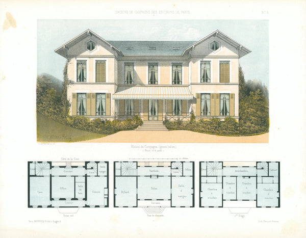 Maisons de Campagne, Architectural Plan NO.9 - Original Antique Print: