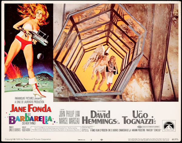 The Barbarella Lobby Card features Jane Fonda with a ray gun in a futuristic outfit and shows her and another character ascending a geometric tunnel. The card displays overall condition, cast, and credits at the bottom.