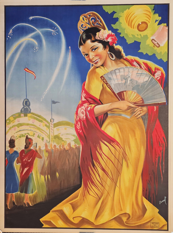 A woman in yellow and red holds a fan, smiling as fireworks and lanterns light up the sky. Crowds celebrate beneath an arch in this rare vintage Spanish poster for Las Fallas, Spain.