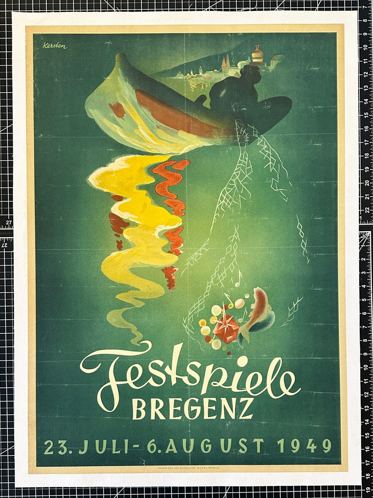 Vintage Bregenz Festival poster (23 July–6 August 1949) features a colorful abstract boat with figures and nets on water, set on a green background with artistic reflections. A striking piece of postwar cultural ephemera.