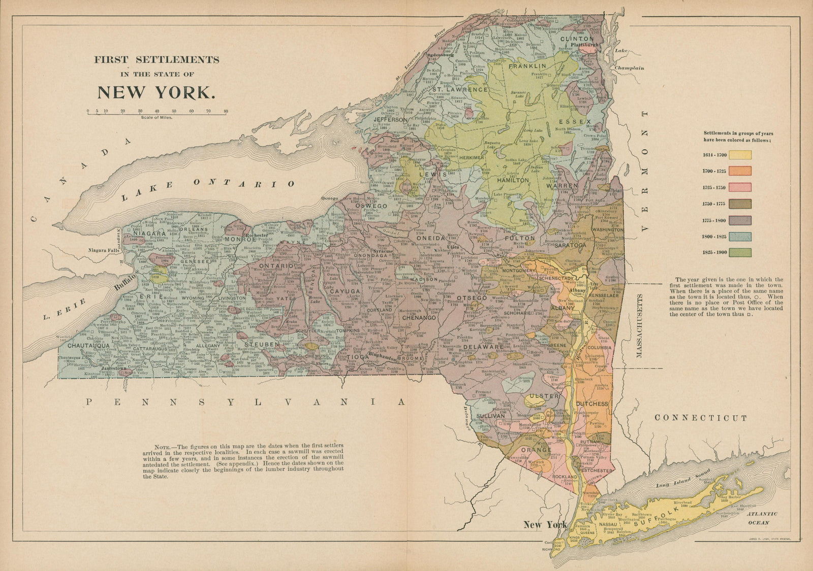 First Settlements in New York - Authentic Vintage Map