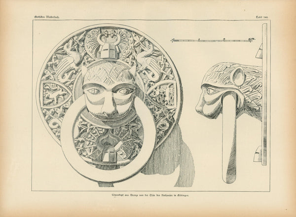 Bronze Lion Knocker, Gothic Details & Architecture - Authentic Vintage Antique Print
