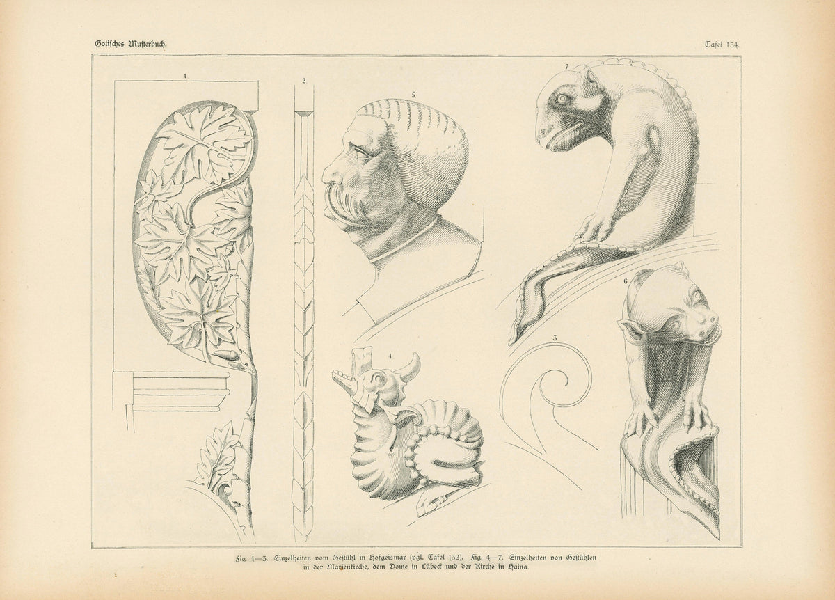 Choir Stalls, Gothic Details & Architecture - Authentic Vintage Antique Print