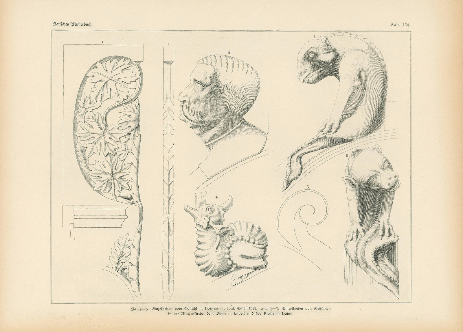 Choir Stalls, Gothic Details & Architecture - Authentic Vintage Antique Print