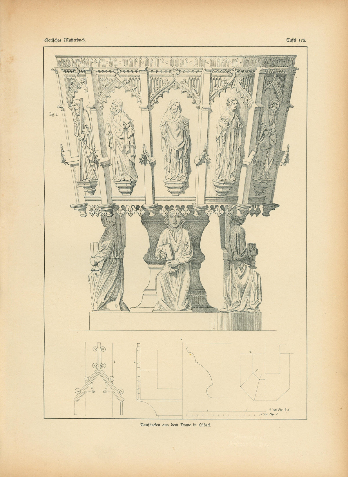 Baptism Canopy, Gothic Details & Architecture - Authentic Vintage Antique Print