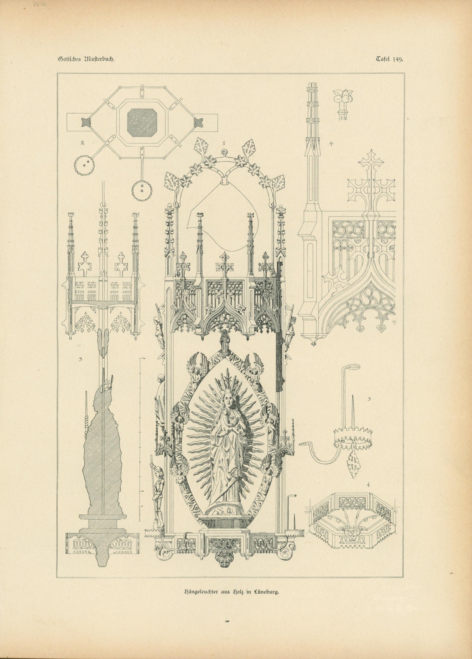 Wooden Chandelier, Gothic Details & Architecture - Authentic Vintage Antique Print