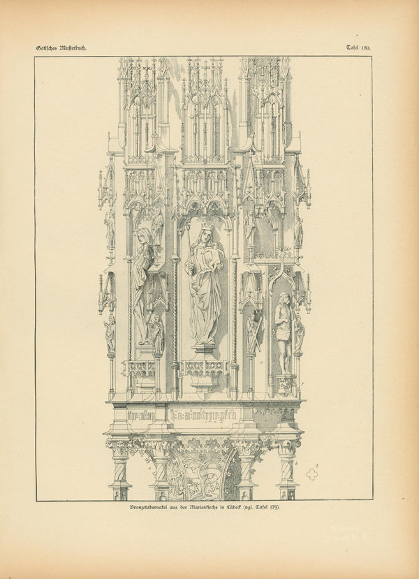 St. Mary's Church, Gothic Details & Architecture - Authentic Vintage Antique Print