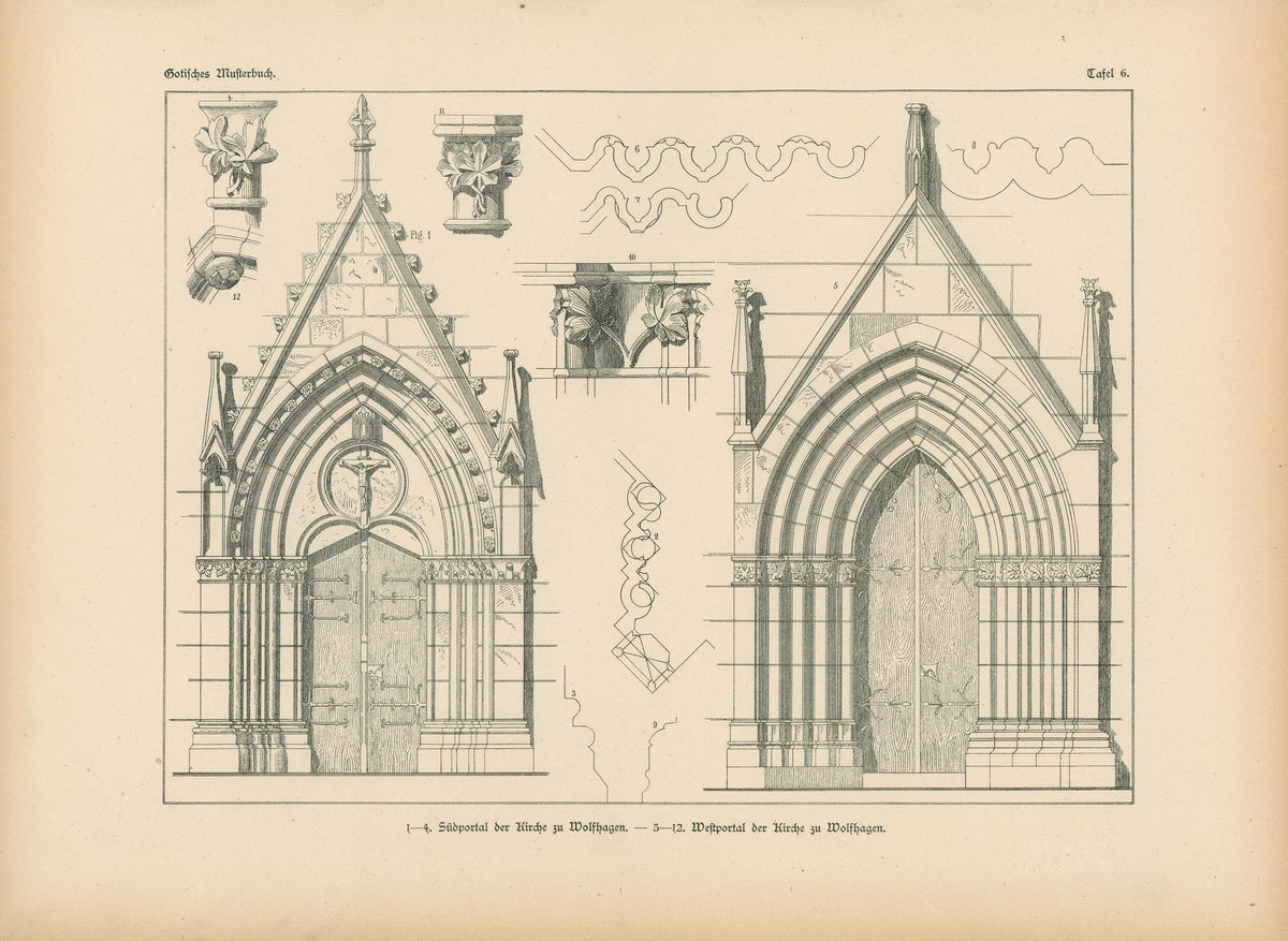 Church Portal, Gothic Details & Architecture - Authentic Vintage Antique Print