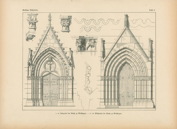 Church Portal, Gothic Details & Architecture - Authentic Vintage Antique Print