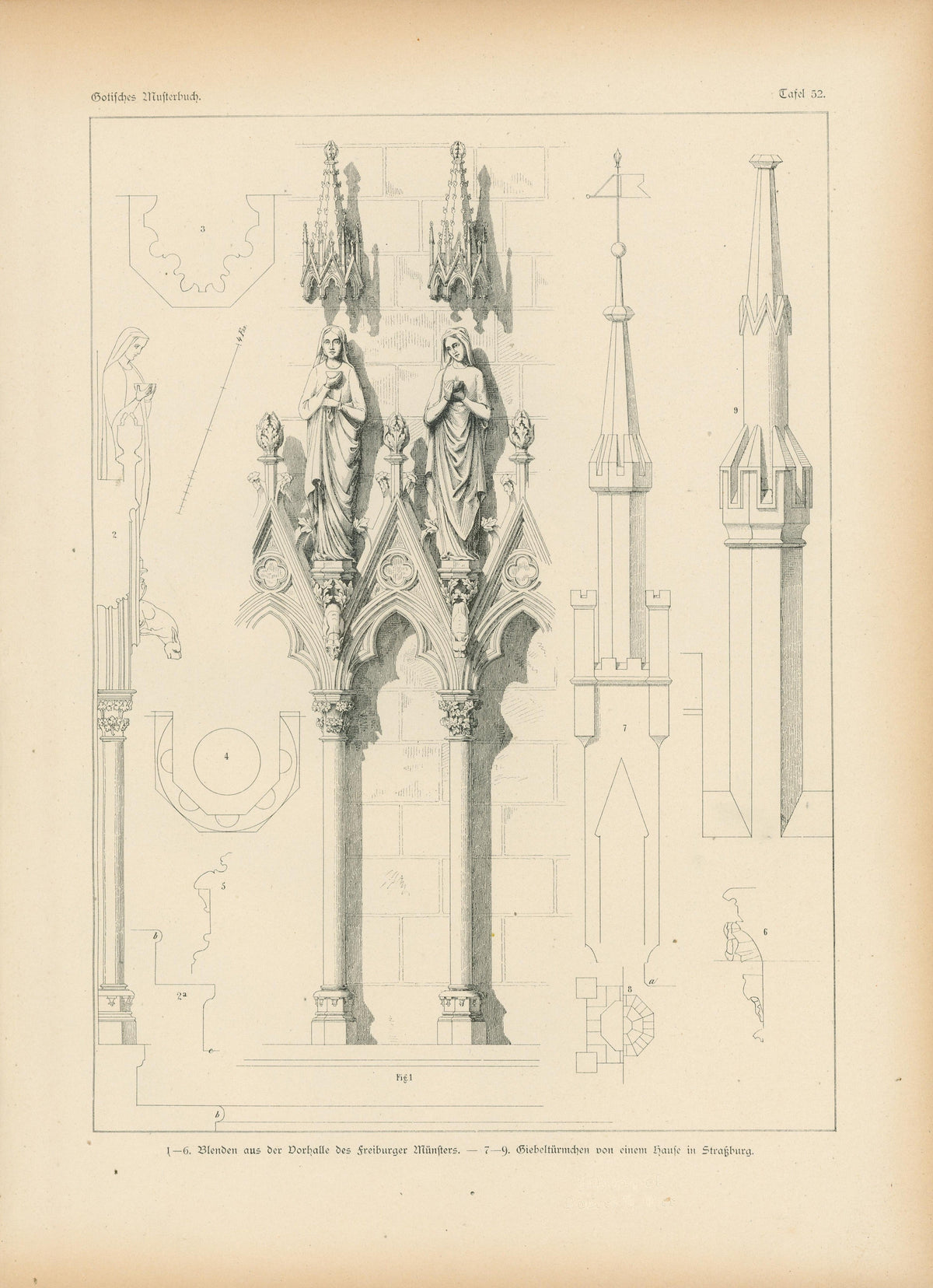 Minister Pinnacles, Gothic Details & Architecture - Authentic Vintage Antique Print