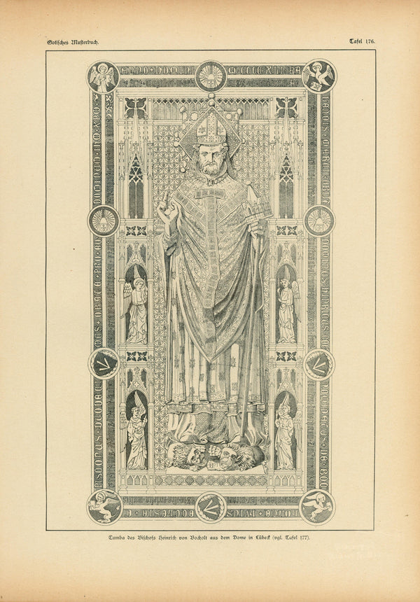 Bishop's Tomb, Gothic Details & Architecture - Authentic Vintage Antique Print