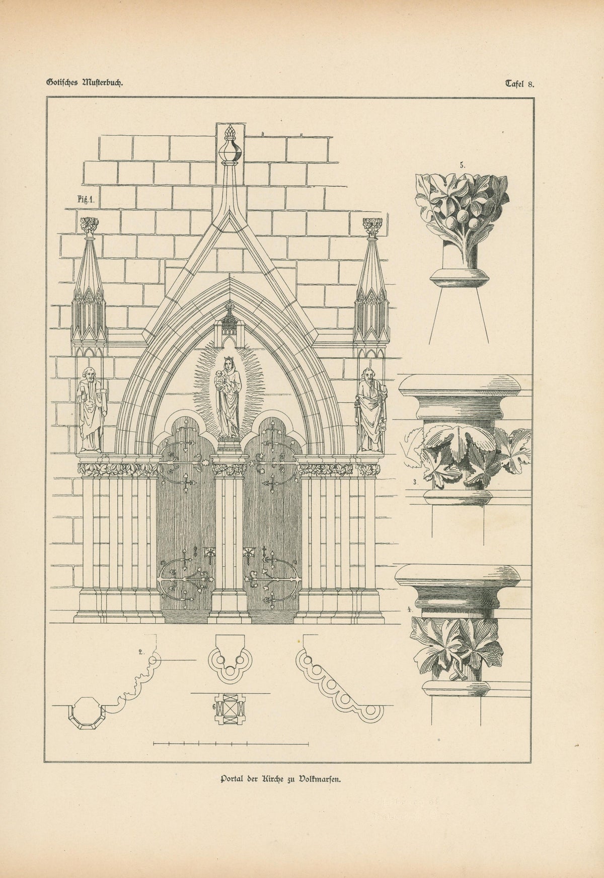 Volkmarsen Portal, Gothic Details & Architecture - Authentic Vintage Antique Print