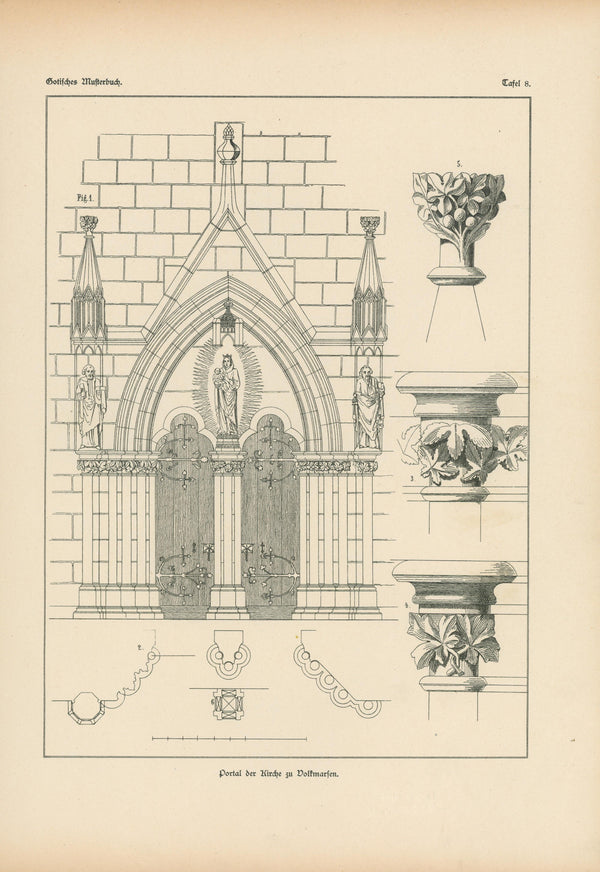 Volkmarsen Portal, Gothic Details & Architecture - Authentic Vintage Antique Print