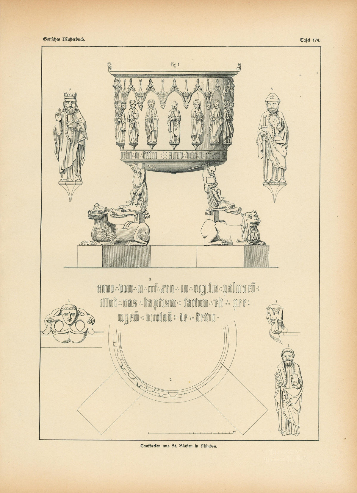 Baptism Shrine, Gothic Details & Architecture - Authentic Vintage Antique Print